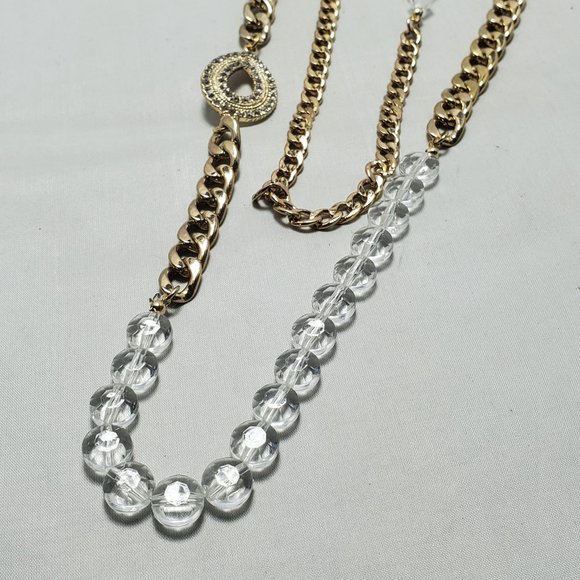 Bijou 36 inch 2 row clear beads with gold link chain necklace - Picture 13 of 14